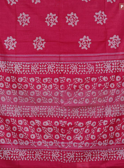 Linen cotton saree pink with allover batik butta prints and silver zari woven border