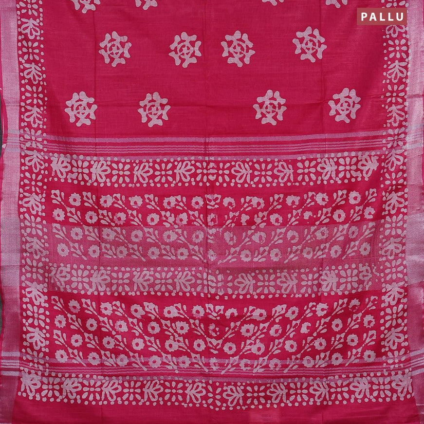 Linen cotton saree pink with allover batik butta prints and silver zari woven border