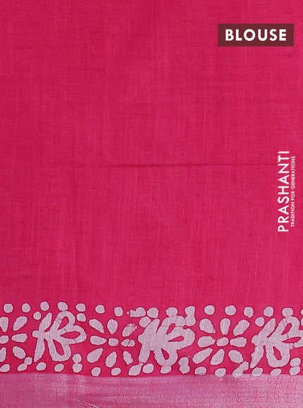 Linen cotton saree pink with allover batik butta prints and silver zari woven border