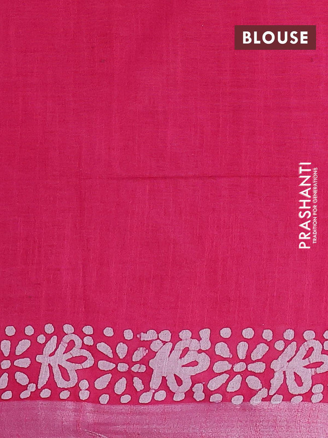 Linen cotton saree pink with allover batik butta prints and silver zari woven border