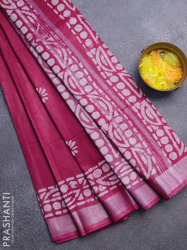 Linen cotton saree dark magenta with allover batik butta prints and silver zari woven border