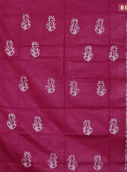 Linen cotton saree dark magenta with allover batik butta prints and silver zari woven border