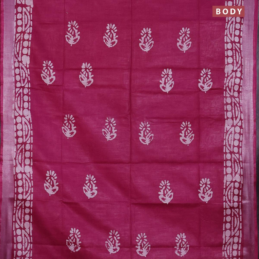 Linen cotton saree dark magenta with allover batik butta prints and silver zari woven border