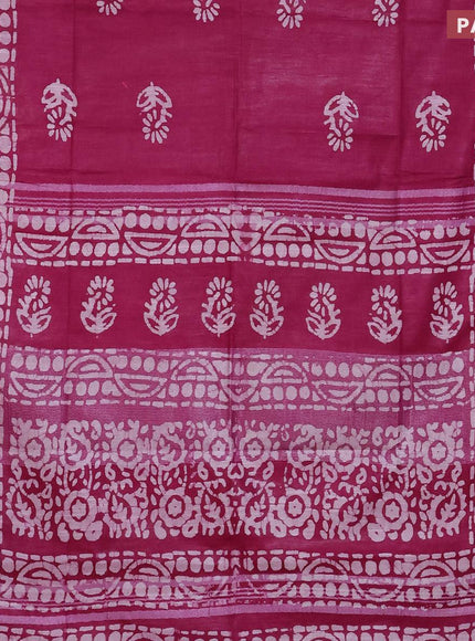 Linen cotton saree dark magenta with allover batik butta prints and silver zari woven border