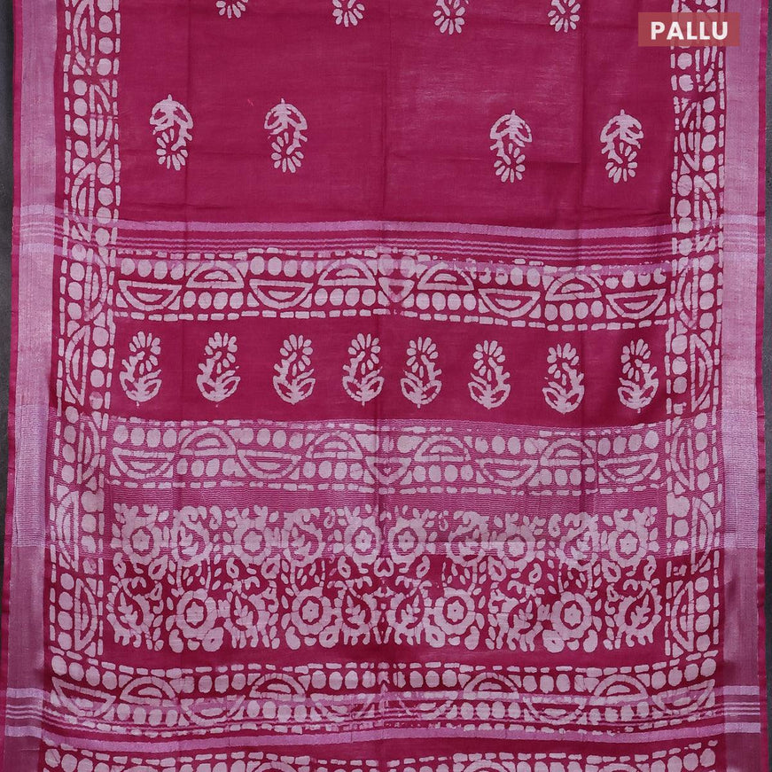 Linen cotton saree dark magenta with allover batik butta prints and silver zari woven border