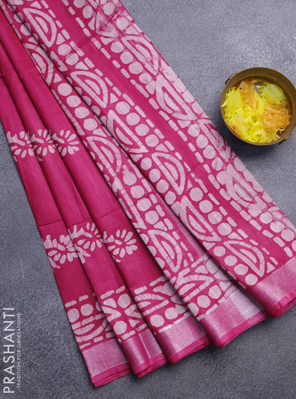 Linen cotton saree pink with allover batik butta prints and silver zari woven border