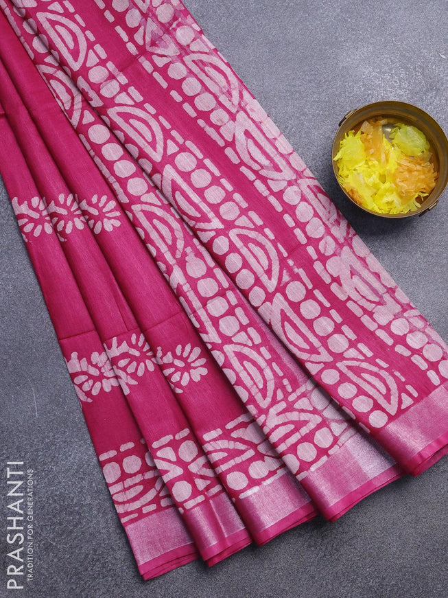 Linen cotton saree pink with allover batik butta prints and silver zari woven border