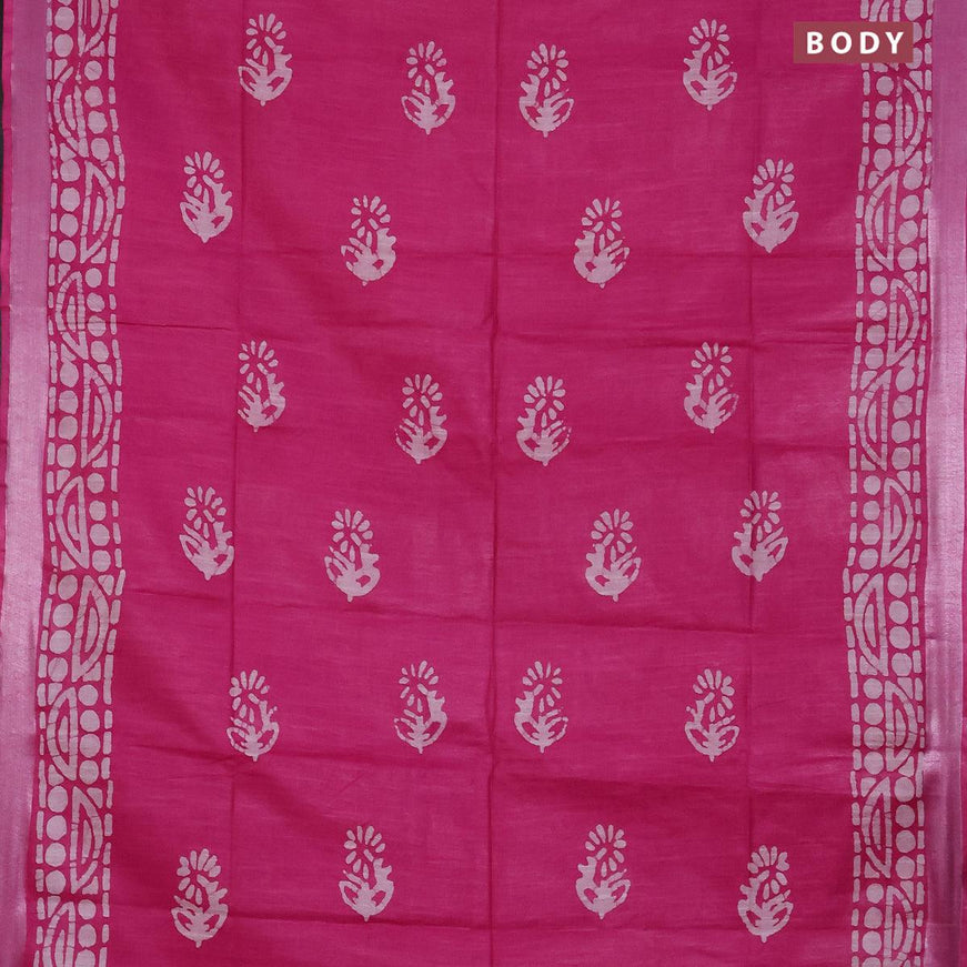 Linen cotton saree pink with allover batik butta prints and silver zari woven border