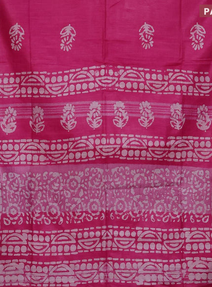 Linen cotton saree pink with allover batik butta prints and silver zari woven border