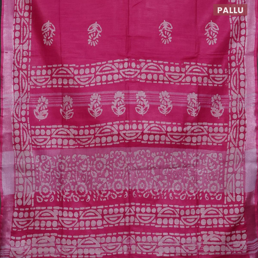 Linen cotton saree pink with allover batik butta prints and silver zari woven border