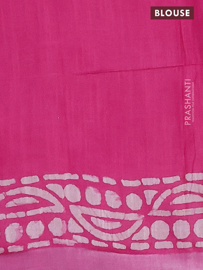 Linen cotton saree pink with allover batik butta prints and silver zari woven border