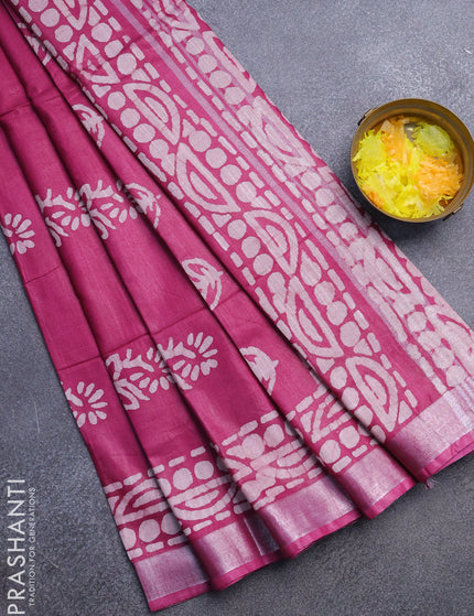 Linen cotton saree magenta pink with allover batik butta prints and silver zari woven border