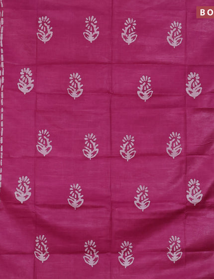 Linen cotton saree magenta pink with allover batik butta prints and silver zari woven border