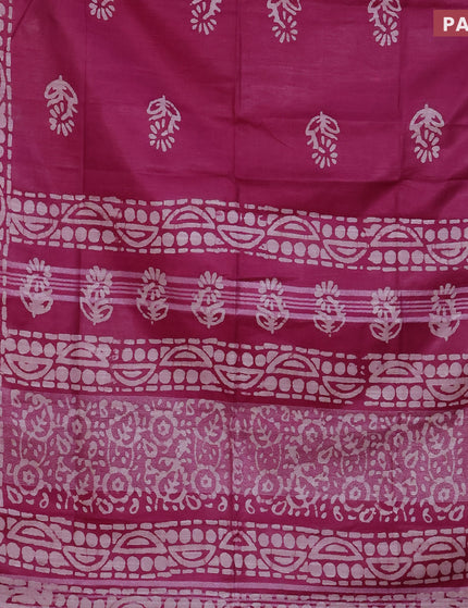 Linen cotton saree magenta pink with allover batik butta prints and silver zari woven border