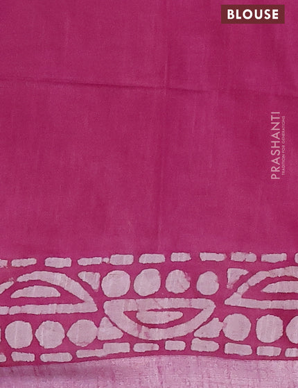 Linen cotton saree magenta pink with allover batik butta prints and silver zari woven border