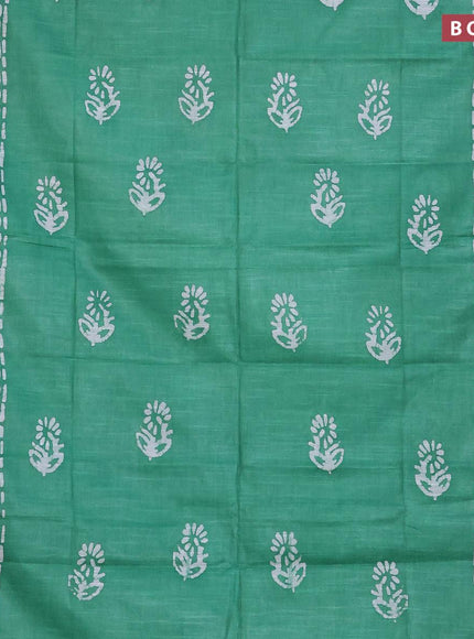 Linen cotton saree green with allover batik butta prints and silver zari woven border