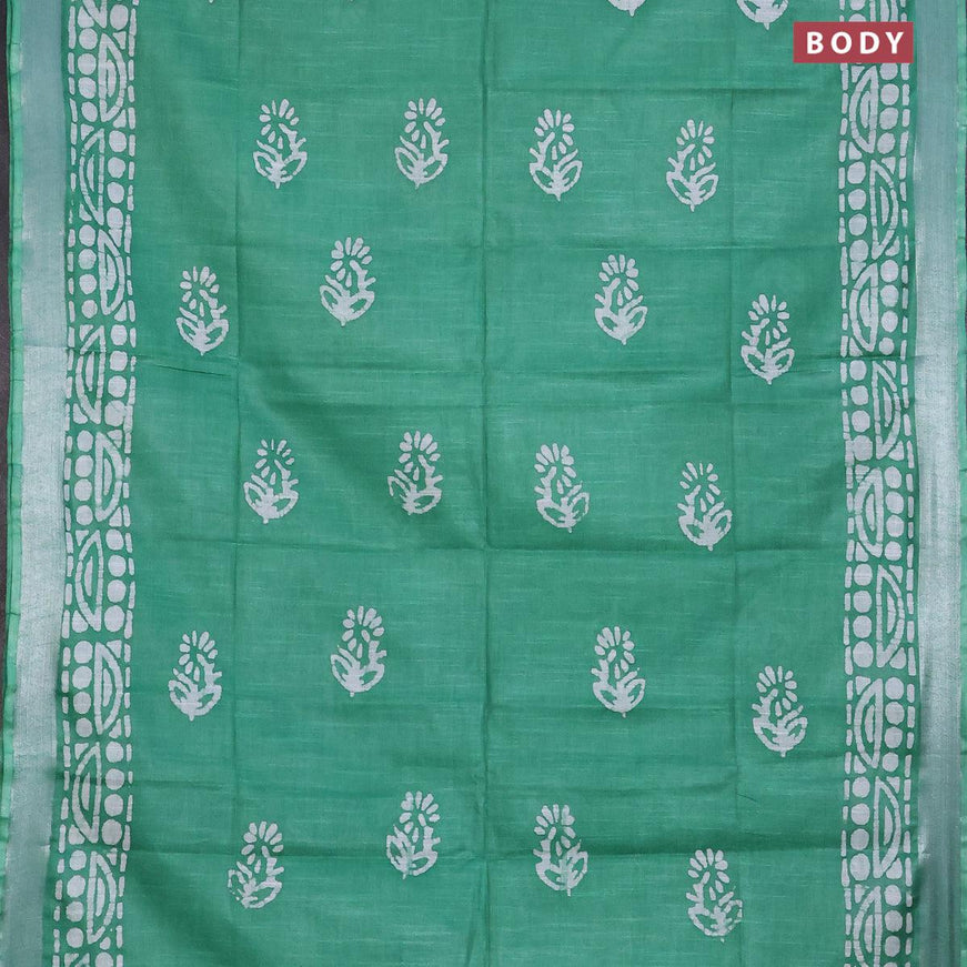 Linen cotton saree green with allover batik butta prints and silver zari woven border