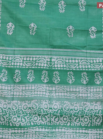 Linen cotton saree green with allover batik butta prints and silver zari woven border