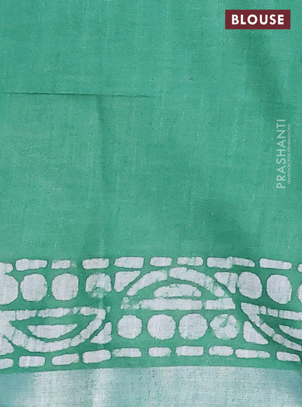 Linen cotton saree green with allover batik butta prints and silver zari woven border