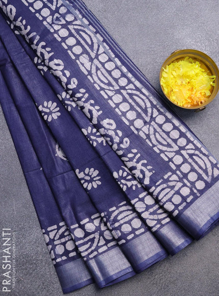 Linen cotton saree navy blue with allover batik butta prints and silver zari woven border