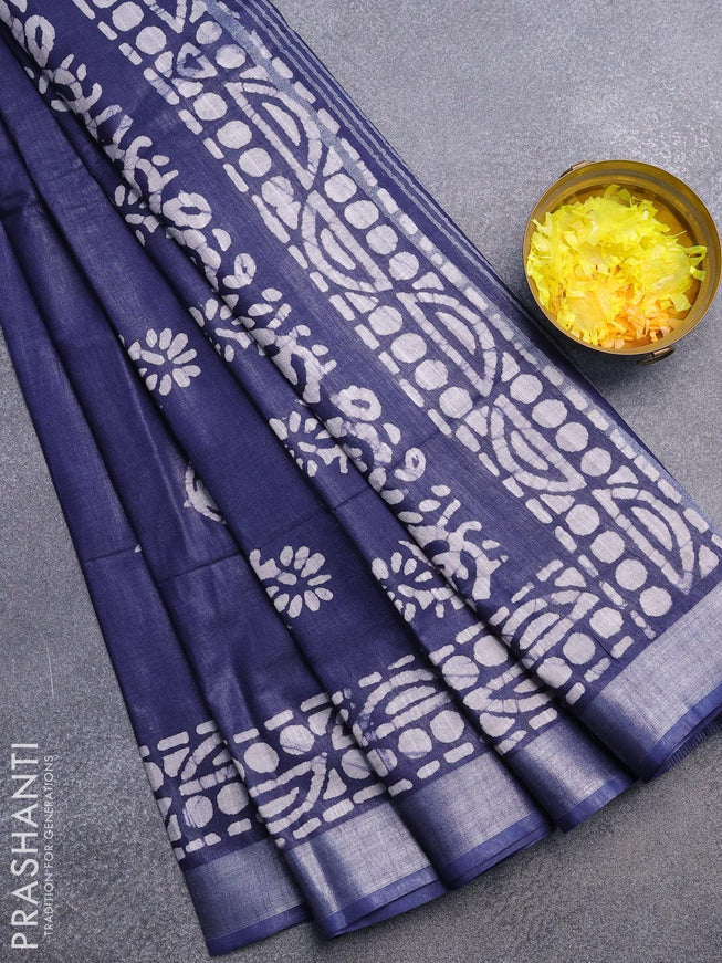 Linen cotton saree navy blue with allover batik butta prints and silver zari woven border