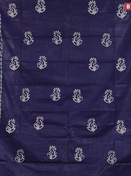 Linen cotton saree navy blue with allover batik butta prints and silver zari woven border