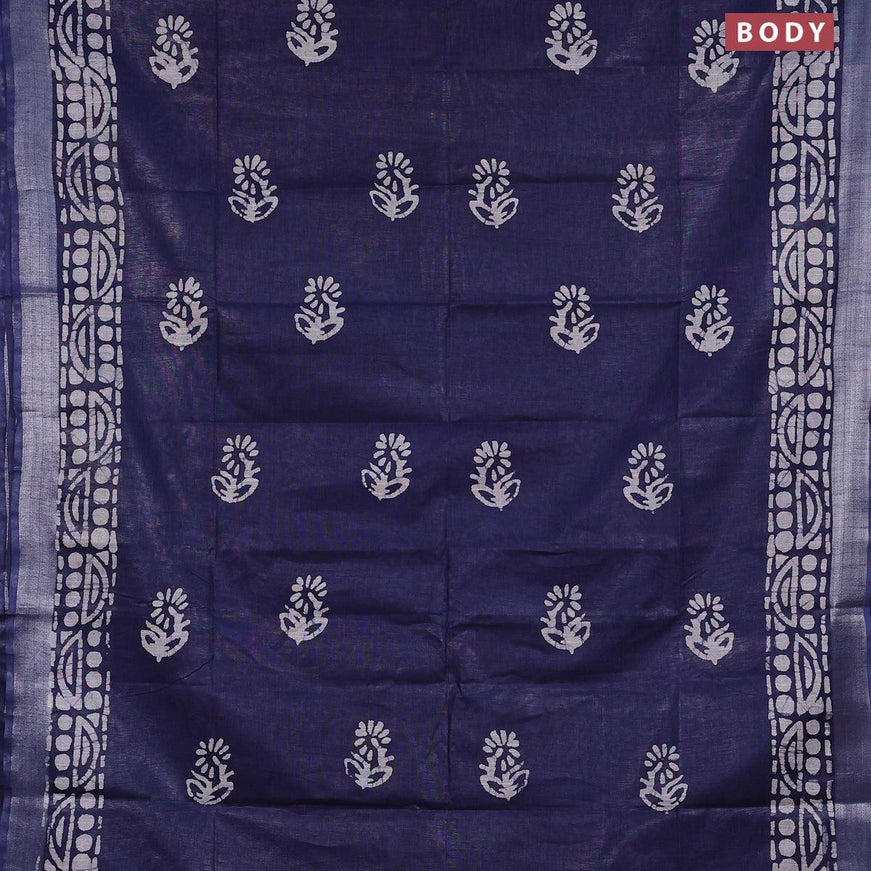 Linen cotton saree navy blue with allover batik butta prints and silver zari woven border