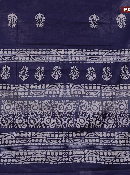 Linen cotton saree navy blue with allover batik butta prints and silver zari woven border