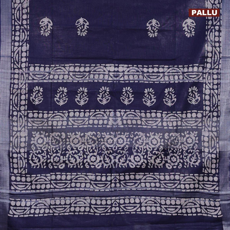 Linen cotton saree navy blue with allover batik butta prints and silver zari woven border