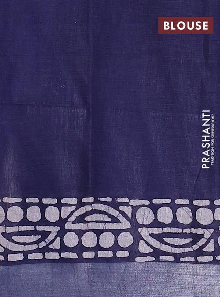 Linen cotton saree navy blue with allover batik butta prints and silver zari woven border