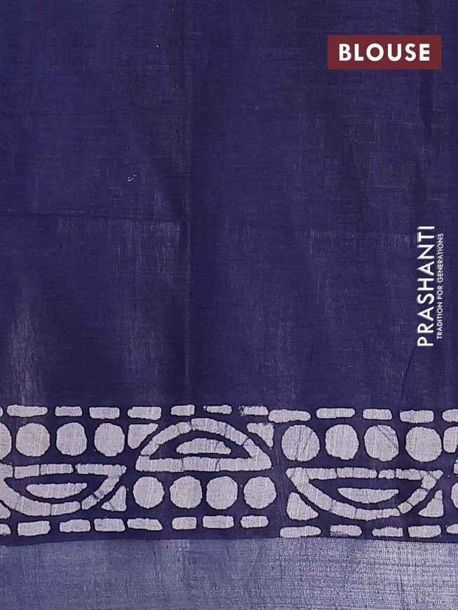 Linen cotton saree navy blue with allover batik butta prints and silver zari woven border