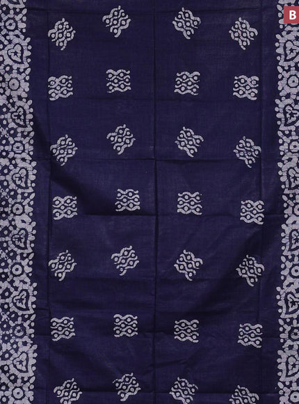 Linen cotton saree navy blue with allover batik butta prints and silver zari woven border