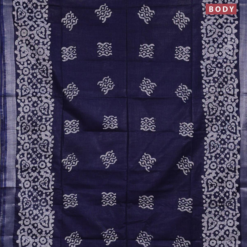 Linen cotton saree navy blue with allover batik butta prints and silver zari woven border