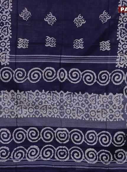 Linen cotton saree navy blue with allover batik butta prints and silver zari woven border