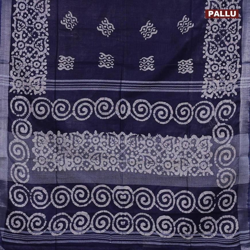 Linen cotton saree navy blue with allover batik butta prints and silver zari woven border