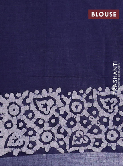 Linen cotton saree navy blue with allover batik butta prints and silver zari woven border