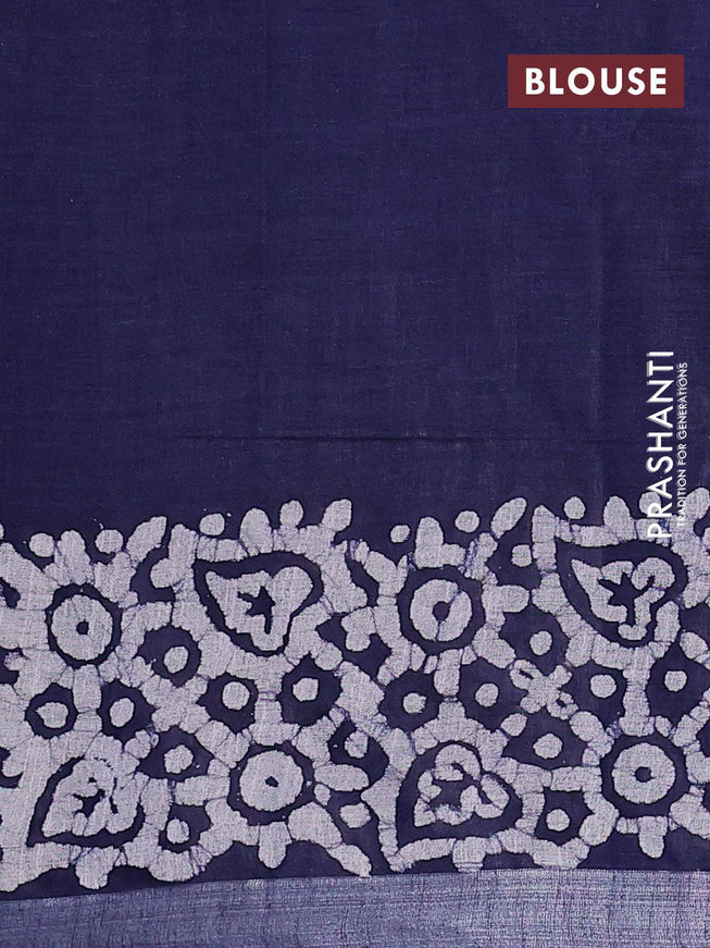 Linen cotton saree navy blue with allover batik butta prints and silver zari woven border