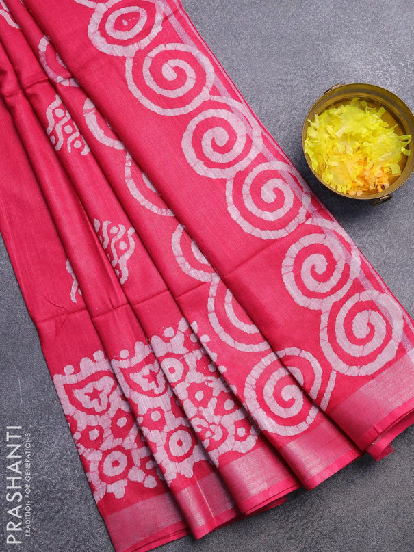 Linen cotton saree pink with allover batik butta prints and silver zari woven border