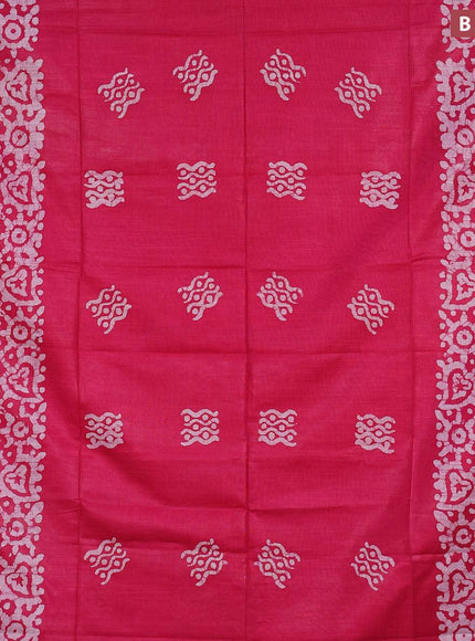 Linen cotton saree pink with allover batik butta prints and silver zari woven border