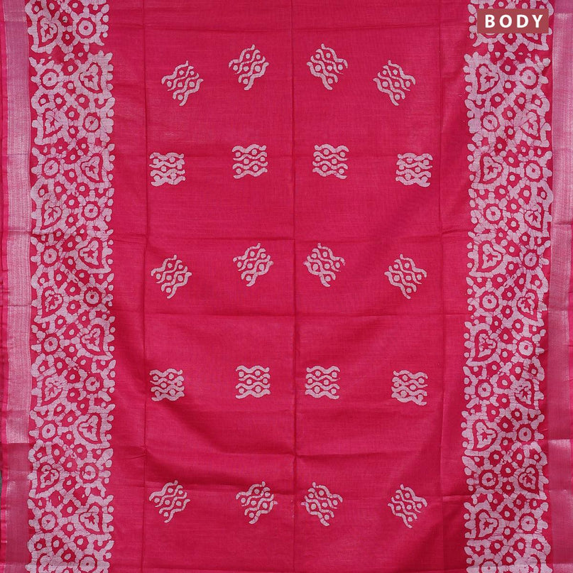 Linen cotton saree pink with allover batik butta prints and silver zari woven border