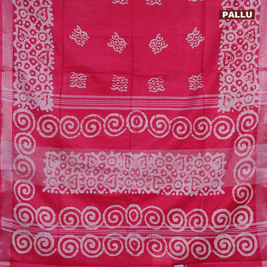 Linen cotton saree pink with allover batik butta prints and silver zari woven border