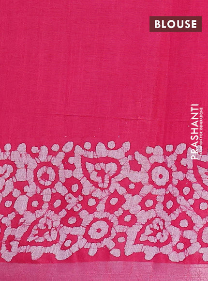 Linen cotton saree pink with allover batik butta prints and silver zari woven border