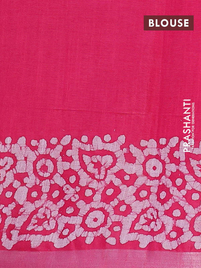 Linen cotton saree pink with allover batik butta prints and silver zari woven border