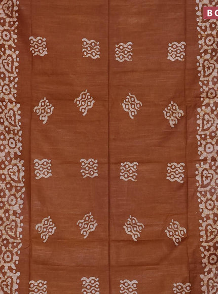 Linen cotton saree brown shade with allover batik butta prints and silver zari woven border