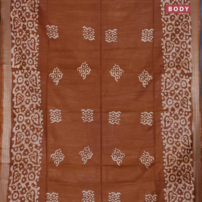 Linen cotton saree brown shade with allover batik butta prints and silver zari woven border