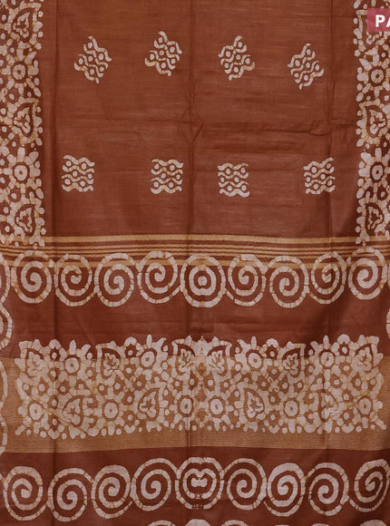 Linen cotton saree brown shade with allover batik butta prints and silver zari woven border