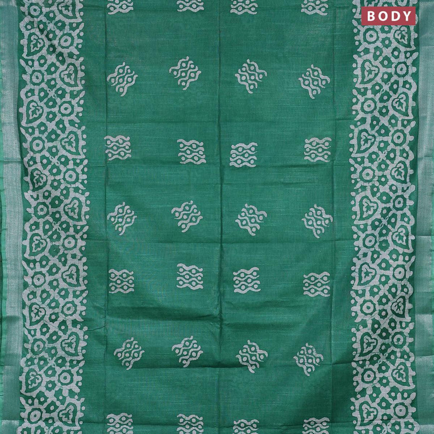 Linen cotton saree green with allover batik butta prints and silver zari woven border