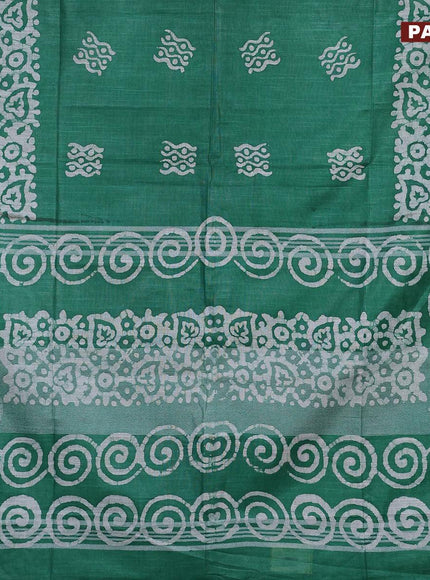 Linen cotton saree green with allover batik butta prints and silver zari woven border