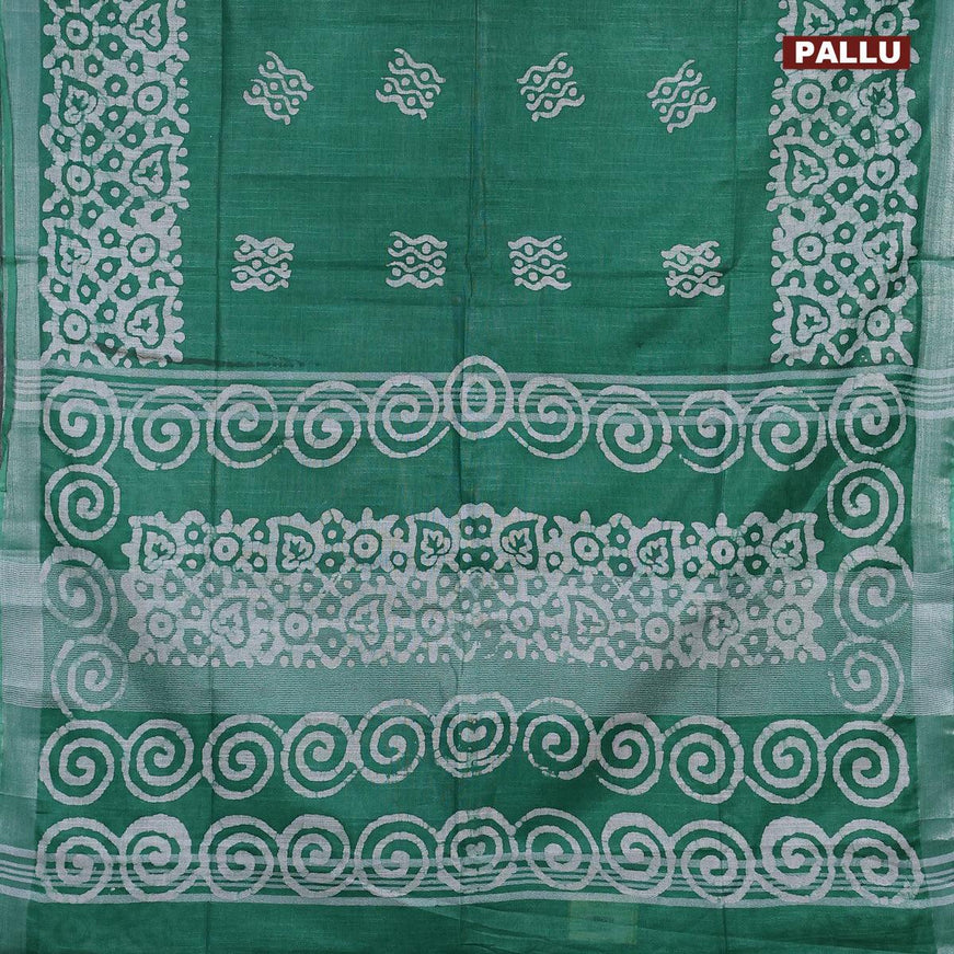 Linen cotton saree green with allover batik butta prints and silver zari woven border