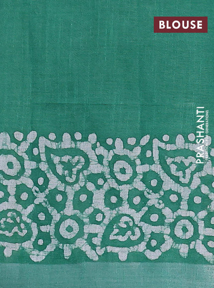 Linen cotton saree green with allover batik butta prints and silver zari woven border